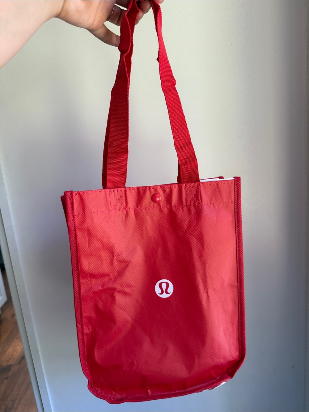 Lululemon red & white logo small reusable tote bag